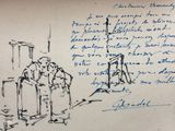 an old drawing of a man and a woman standing in front of a door