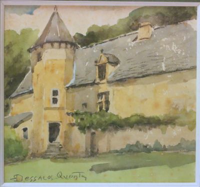 a painting of a building with a clock on it