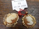 two gold - plated brooches with cameos of a woman and a man