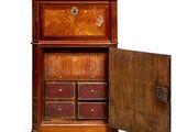 a wooden cabinet with a door open on a white background