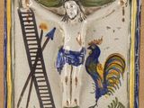 une sculpture en céramique représentant un homme sur une croix avec une échelle
