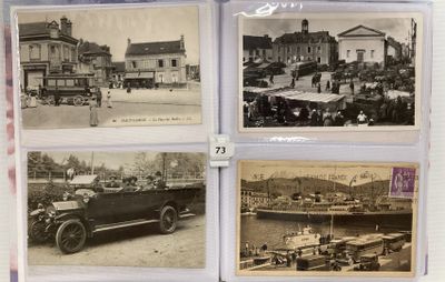 four black and white photographs of old cars and people in a town