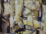 an oil painting of a kitchen with a table and chairs