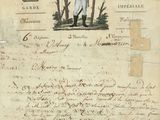 un vieux document sur lequel figure le dessin d'un homme en uniforme