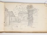 an open book with a drawing of a house and a tree