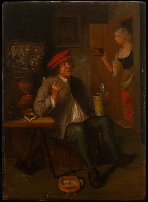 an old painting of a man sitting at a table reading a book