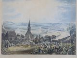 an old painting of a village with a church in the background