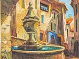 une peinture à l'huile représentant une fontaine au milieu d'une rue