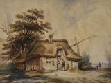 une image représentant une peinture d'une maison au toit de chaume, avec un cheval devant