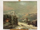 tableau représentant un paysage de montagne avec un village au premier plan