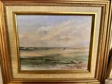 an oil painting of a beach scene with a boat in the distance