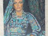 an oil painting of a woman in a blue dress sitting on a chair