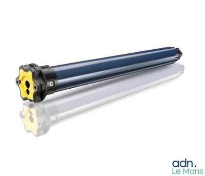 un gros plan d'un cylindre bleu orné d'une étoile jaune