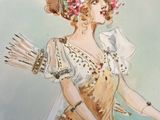 painting of a woman in a dress holding a bow and arrow