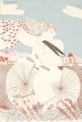 a drawing of a woman riding a bike with an umbrella