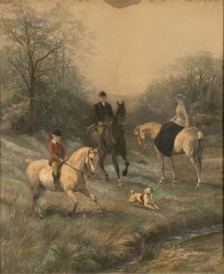 une peinture représentant un groupe de personnes à cheval dans un champ