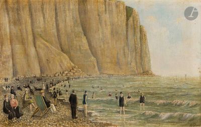 une peinture représentant un groupe de personnes sur la plage