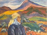 an oil painting of a woman standing in a field with mountains in the background
