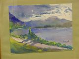 watercolor painting of a view of a lake with a church in the distance