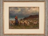 an image of a painting of a woman with a flock of sheep