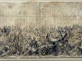 an old drawing of a large group of people in a room