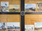 de nombreuses photos de palmiers sur le mur de cette pièce