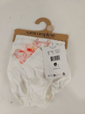white panties with a tag on the bottom of them on a white surface