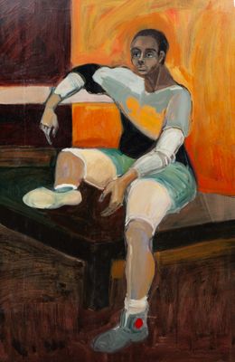 an oil painting of a man sitting on a table with a tennis racket
