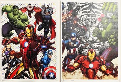 Deux photos des personnages des Avengers, dans des poses différentes