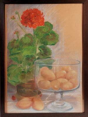 framed oil painting of a glass bowl of fruit and a gerania plant