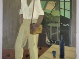 a painting of a man standing in front of a window