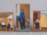 trois tableaux représentant un homme en chemise bleue et un homme en chemise bleue