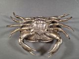 a crab that is sitting on a silver plate