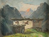 an oil painting of a house in a mountainous area with mountains in the background