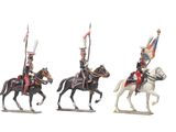 three figurines of men in uniforms riding on horses with flags