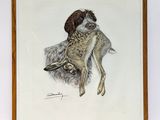 tableau représentant un chien et un chat, encadré et accroché au mur