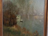 framed oil painting of a river scene with a boat in the water