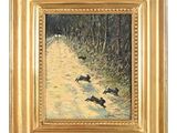 une peinture à l'huile représentant deux chiens courant dans la neige