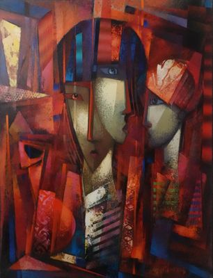 un tableau représentant une femme portant un chapeau et une écharpe