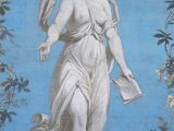 a painting on the wall of a building with a woman holding a book