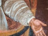 an old painting of a man in a red robe holding a cane