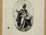 un vieux dessin représentant un homme à moto avec un panier sur le dos