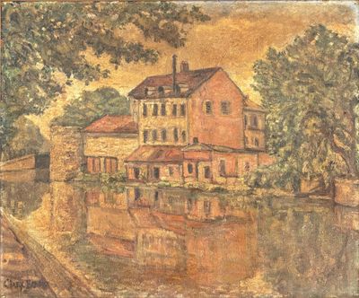painting of a house by a river with a boat in front of it