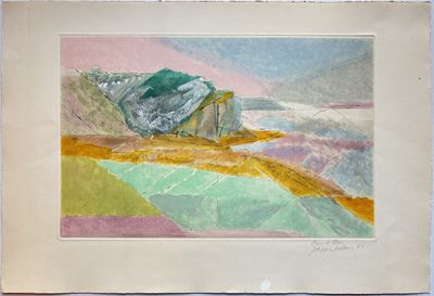 an image of a watercolor painting of a mountain with a rock in the foreground