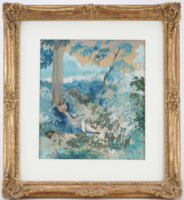 a painting of a woman sitting on a bench in the woods