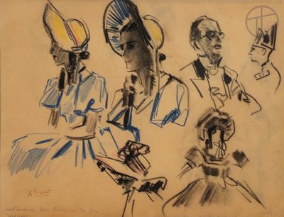 dessin représentant un groupe de personnes portant des chapeaux et tenant un micro