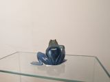 a blue frog sitting on a glass table with a white wall behind it