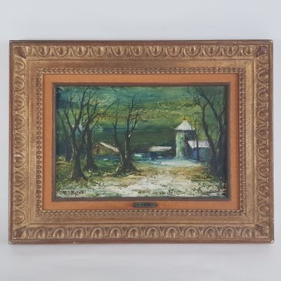 une peinture à l'huile représentant une scène de ferme avec une grange en arrière-plan