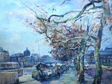 une peinture représentant une scène de rue avec des personnes marchant sur le trottoir