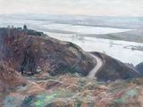 an oil painting of a winding road on a hill overlooking a body of water